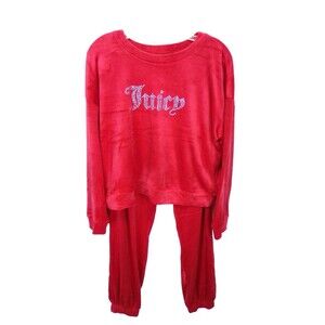 Juicy Couture Women's 2Pc. Lounge Red Velour Rhinestone Logo Y2K  Set Large